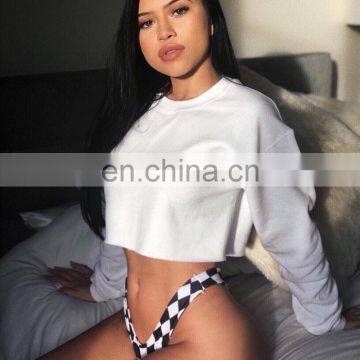 Crop Top 2020 Western Ladies Custom Logo Crew Neck Lantern Long Sleeve Raw Edge Cotton Blank Mujer photo-3