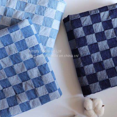 10oz 100%Cotton Jacquard Blue Checkered Fabric Washed Denim Material W068 photo-4