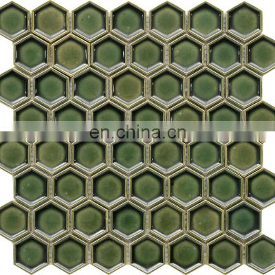 JBN Wholesale Handmade brick Mosaic hexagon Shape Green Color Ceramic Background Mosaic Tile