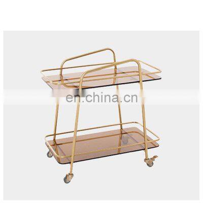Luxury Hotel Furniture Dining Room Stainless Steel Bar Cart Serving Tea Trolley With 2 Layers Transparent Glass photo-2