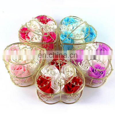 6pcs Soap Rose Flowers Gift Box Iron Basket Small Bouquets Gift Box Heart Shape Christmas Wedding Party Valentine's Day Gifts