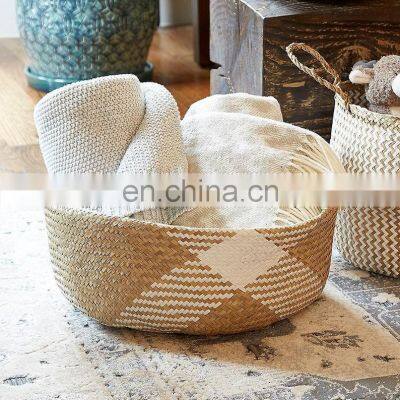 Handwoven Large White Patterned Basket, Seagrass Belly Basket, Boho Basket Planter Wholesale