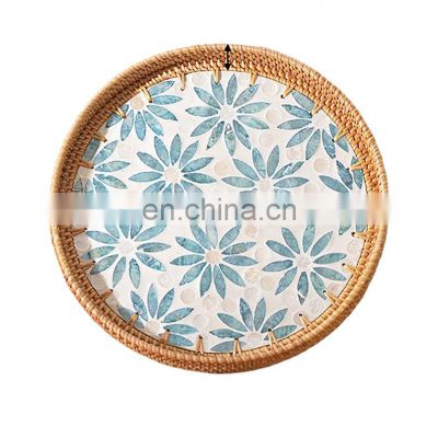 High Quality Rustic Rattan Tray With Mother Of Pearl for Table Centerpiece, Wicker Ottoman Tray with Shell Ornament