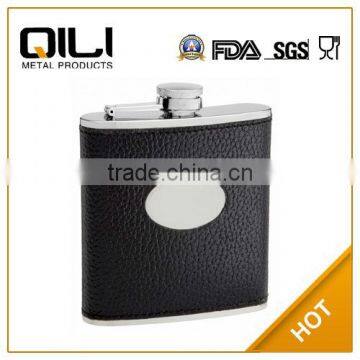 FDA 6oz Black Textured Leather (Cow Hide) Hip Flask