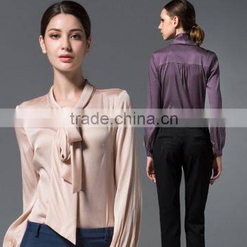 Women OL Bow Tie Neck Button Down 100% Silk Or Chiffon Shirt Blouse Tops OEM ODM Manufacturers Factory From Guangzhou