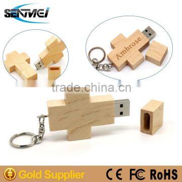 Promotional Wholesale Cross-shaped Wooden USB With Key Ring