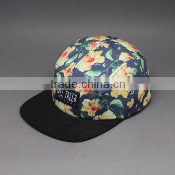 DESIGN LEATHER PATCH FLORAL PRINTING 5 PANEL HAT WHOLESALE LOGO