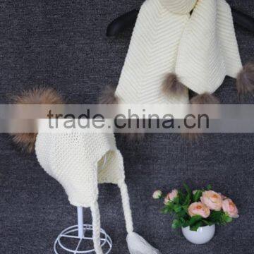 factory wholesale kids black cashmere rib knit scarf with raccoon fur pompoms