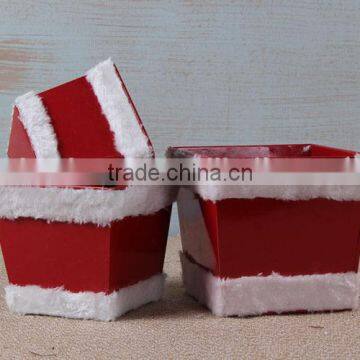 Christmas style square shape metal flower pot stand with plush cloth coating decor