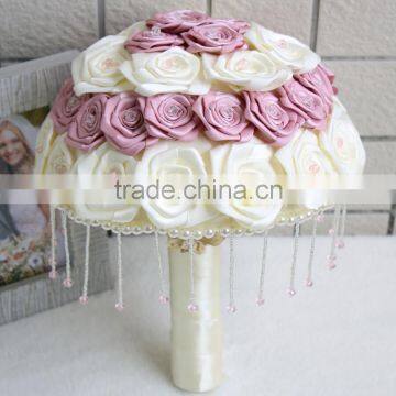 Luxury Handmade Lovely pink white rose wedding bouquet,Rhinestone Beadings Satin Jewel Bridal Bouquet Bridesmaid Bouquet