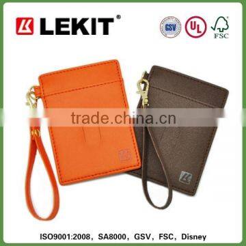 pu leather work card holder with strap