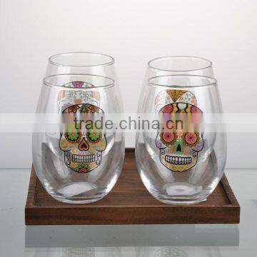 2016newest Hallowmas Paper Transfer Skull Glass Cup Set With Wooden Stand photo-2