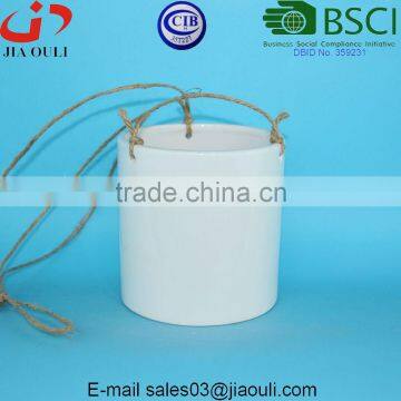 Glazed White Hemp Rope Ceramic Hanging Garden Pot photo-3
