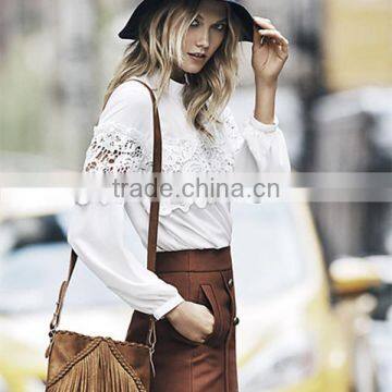 Women Fashion White Color Long Sleeve Crochet Insert Chiffon Casual Blouse