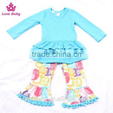Ruffle Hem Blue Top With Owl Animal Prints Ruffle Pants Outfits Set Toldder Girl Clothing Set LBYTZ001-37 photo-4