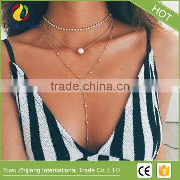 Whosales Crystal pendant three layers of pearl Collarbone chain necklace