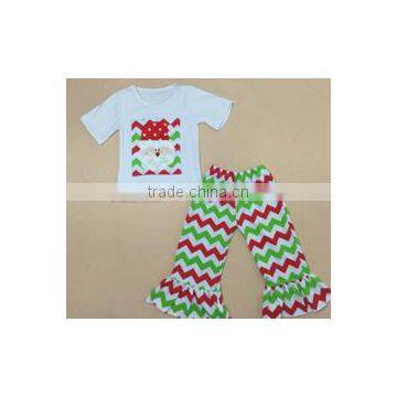 Hot sale red green chevron ruffle pants santa claus pattern t-shirt girls boutique christmas outfits