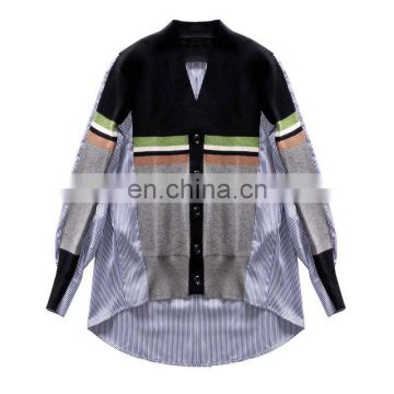 TWOTWINSTYLE Casual Irregular Shirts V Neck Long Sleeve Patchwork Striped Knit Top Women Blouse