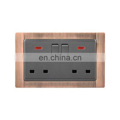 UK Standard Type 146 Double 3 pin Wall Socket With Switch Zinc Alloy Panel Socket And Switches Electrical With LED Light