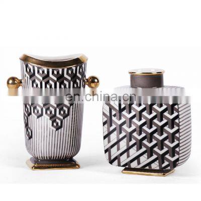 Vintage Luxury Retro Pattern Golden Silver Edge Decorative Ceramic Vase  for Home Decor