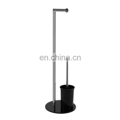 2021 Home and hotel black metal toilet paper holder with toilet brush standing shelf with non-slip base