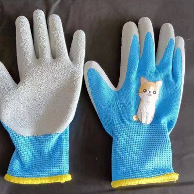 blue polyester thread 13 gauge knitted grey wrinkled latex palm coated safety work gloves for children