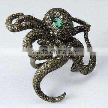 Popular Octopus Design !! Emerald & Diamond 925 Sterling Silver Ring, Online Silver Jewellery, Silver Jewellery