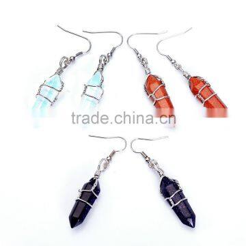 Beautiful 3 pairs Gold Sand Stone/ Blue Sand Stone/Opal Handmade Wire Wrap Healing Point Chakra Earings