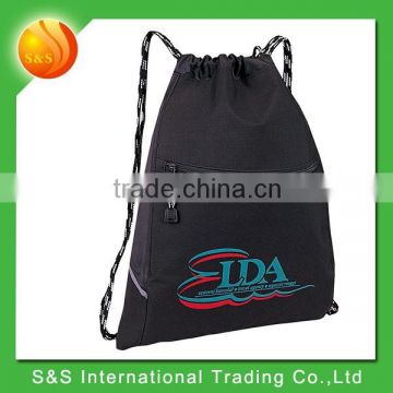 large capacity curved fabric drawstring bag with front zipper pocket