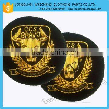 handmade embroidery accessories patch/handmade golden metallic thread embroidered badge