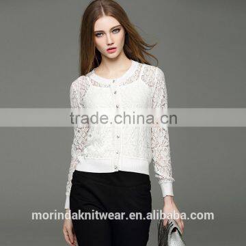 Lady's Knitted Round-neck Long Sleeve Lace Transparent Elegance Cardigan