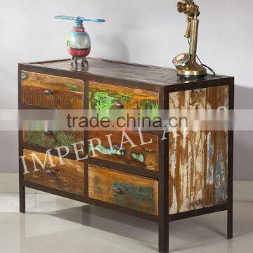 INDIAN IRON BASE RECYCLE WOOD 6 DRAWERS CHEST photo-2