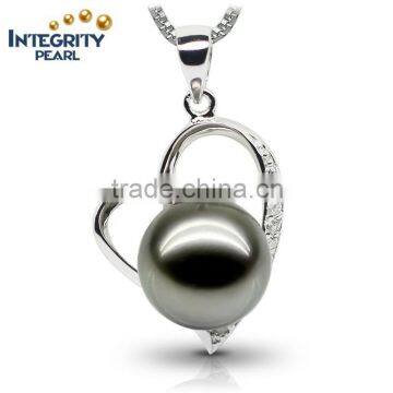 2016 Tahiti AAAA Love shape Round Black 10-11mm 925 silver Sea Pearl Pendant