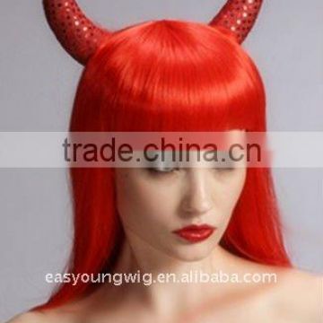 Long colorful red color hair wig with horn, synthetic halloween wig,cosplay wigs