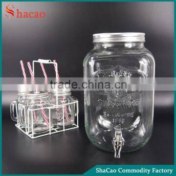 Water Dispenser With Lid And Faucet Drinking Glass Mason Jar With Handles Straw And Basket Set