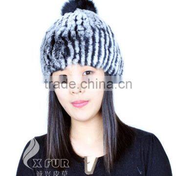 CX-C-58K Hand Knitted Genuine Rex Fur Beanie Hat With Fox Fur Ball photo-3
