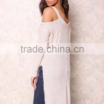 Popular High Quality Cold Beige Shoulder Knit Tops Sexy Off Asymmetric Sexy Party Sweaters photo-4