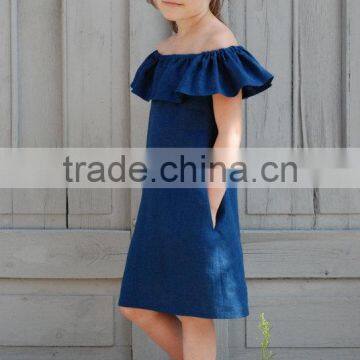 Wholesale Kid Clothing Elegant Summer Girls Dress Off Shoulder Ruffle Dusty Pink Linen Girl Child Dress photo-3