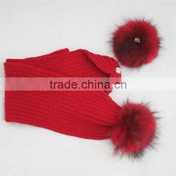 Myfur Children Knitted Ribbed Scarf With 2 Big Size Matched Color Raccoon Fur Pom Pom photo-5
