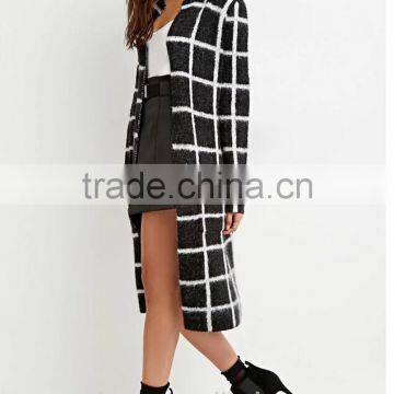 Women open front sleeved longline cardigan fashion allover grid long cardigan 2016