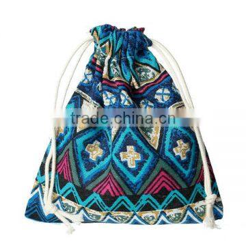 Cotton & Linen Cloth Jewelry Bags Drawstring Multicolor Blue Rhombus Pattern 16cm x 14cm