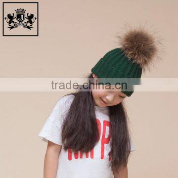 Make-To-Order Winter Kids Knitted Beanie With Natural Raccoon Fur Pompom On Top