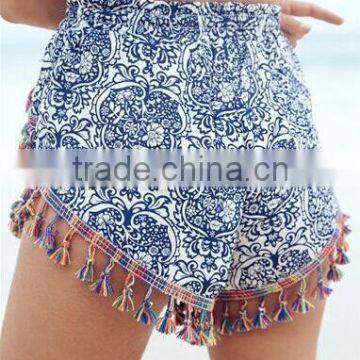 China Supplier ladies blue tribal print wholesale tassel shorts beach shorts