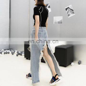 TWOTWINSTYLE Skirt For Women Casual Tassel Asymmetrical Denim High Waist Split Hit Color Irregular photo-3