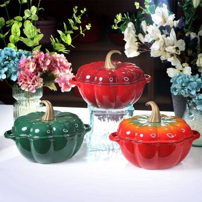 High Quality Cast Iron Cookware Stock Pot 24cm Orange Green Enamel Saucepan Halloween Pumpkin Pot With Lid photo-2