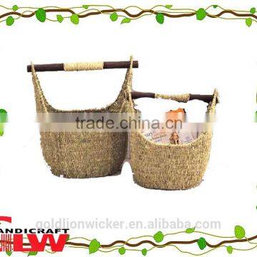 magazine basket ,cheap wicker baskets, baskets wholesale,Seagrass magazine holder with wood handle