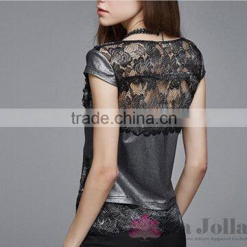 2016 Summer Fashion Ladies Lace Macrame Sexy Short Sleeves T-shirt 136 photo-3
