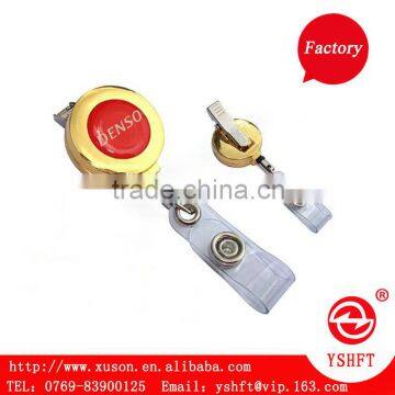 28MM gold round shape metal alligator retractable badge holder reel with PVC strip