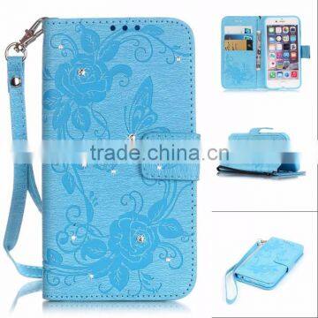 Stand Wallet Leather Case for Samsung Phone with Strap with Inside TPU Diamond Butterfly Design