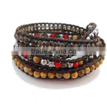 Multi Gem Stone Wrap Bracelet on Dark Brown leather, Mixed Wrap Bracelet